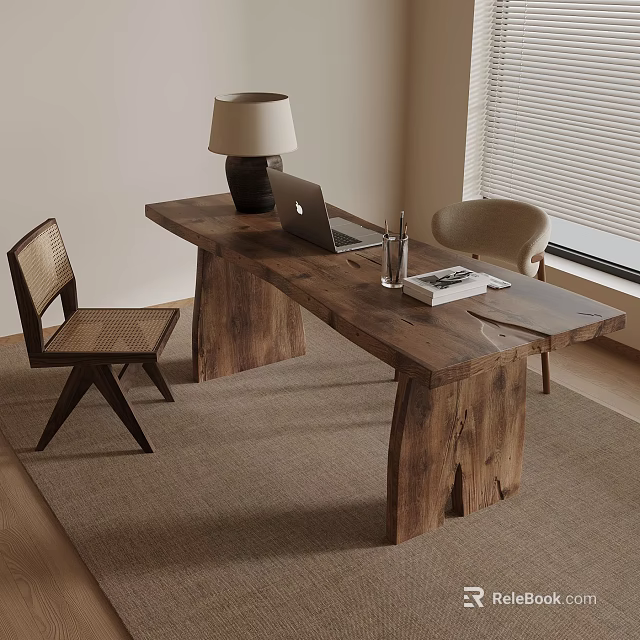 Home Office Workspace With Wooden Desk Laptop Table Lamp And Chairs 3d model 