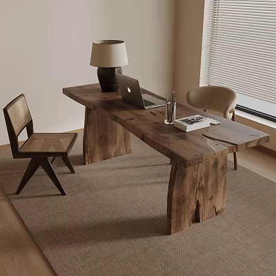 Home Office Workspace With Wooden Desk Laptop Table Lamp And Chairs 3d model