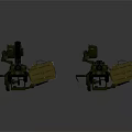 Two Military Machine Guns with Green Barrels Yellow Magazines and Mounts
