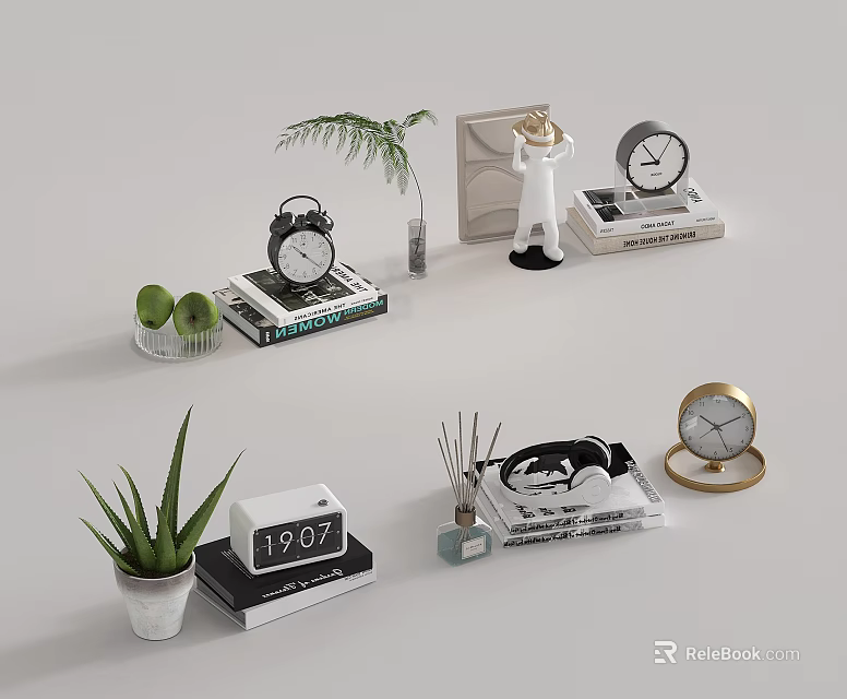 Different Types of Clocks on Books with Green Plants and Decorative Figurines 3d model 