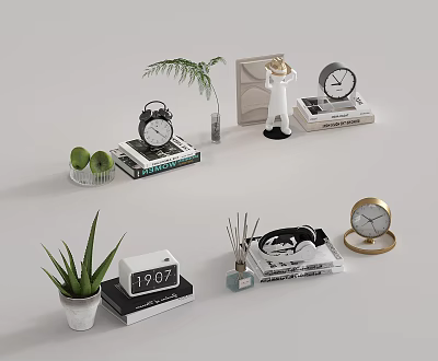 Different Types of Clocks on Books with Green Plants and Decorative Figurines 3d model