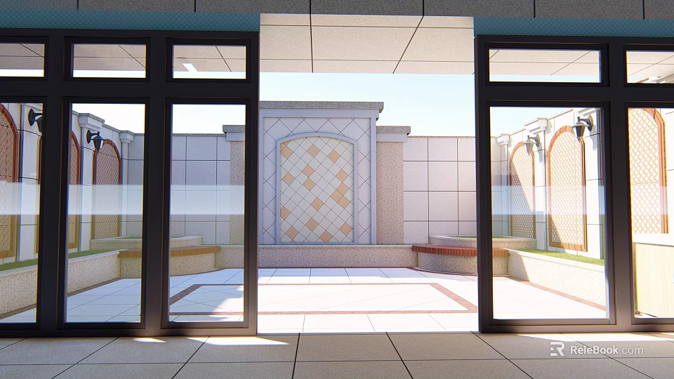 Courtyard Garden View Through Glass Doors With Geometric Wall Tile Flooring Bench And Arched Decor 3d model 