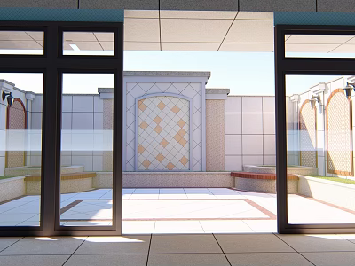 Courtyard Garden View Through Glass Doors With Geometric Wall Tile Flooring Bench And Arched Decor 3d model