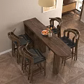 Modern Interior Featuring Wooden Bar Counter High Stools Fruit Bowl And Flowers