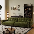 Green Tufted Velvet Leisure Sofa Set with Coffee Table Bookshelf and Wall Art