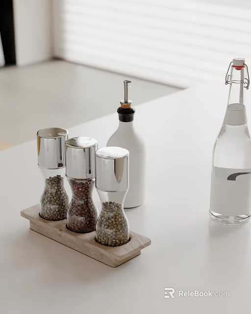Kitchen Countertop Setup With Silver Pepper Grinders Wooden Tray Oil And Water Bottles 3d model 