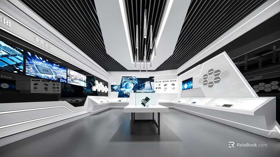 Modern Hi-Tech Exhibition Hall With White Black Linear Design Multiple Screens And Display Tables 3d model 