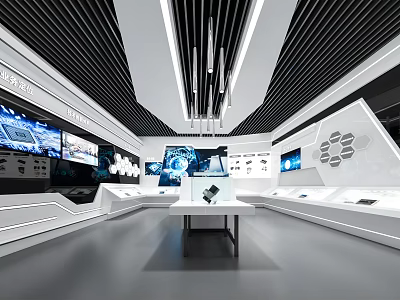 Modern Hi-Tech Exhibition Hall With White Black Linear Design Multiple Screens And Display Tables 3d model