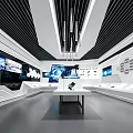Modern Hi-Tech Exhibition Hall With White Black Linear Design Multiple Screens And Display Tables