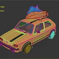 Yellow Car With Blue Shark Doll And Orange Surfboard On Roof Red Interior Black Stripes