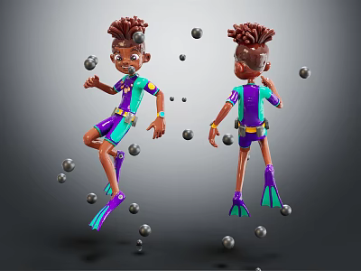 Two Kids Scuba Divers With Snorkel Masks And Fins Surrounded By Floating Black Spherical Creatures 3d model