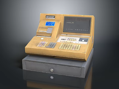 Golden Commercial Cash Register With Display Screen Keyboard And Storage Drawer 3d model