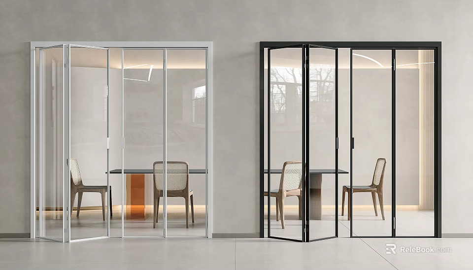 White and Black Framed Glass Sliding Doors for Modern Interior Dining Area 3d model 