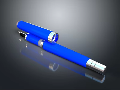 Blue Fountain Pen With Silver Cap And Reflective Metallic Finish Design 3d model