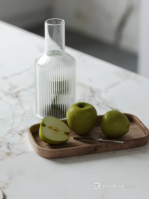 Green Apples With Glass Carafe On Wooden Tray Over Marble Countertop 3d model 