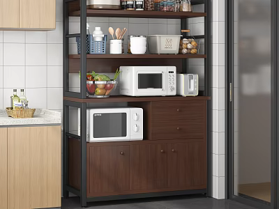 Modern Wooden Kitchen Sideboard with Shelves Microwave Fruit Bowl and Storage Jars 3d model