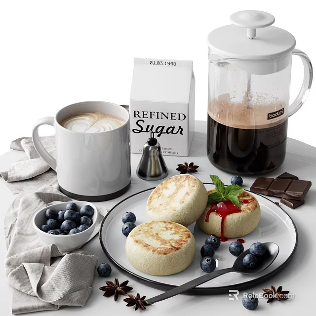 Fresh Baked Muffins With Blueberries And Chocolate Served With Hot Coffee And Refined Sugar 3d model 
