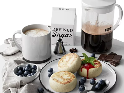 Fresh Baked Muffins With Blueberries And Chocolate Served With Hot Coffee And Refined Sugar 3d model
