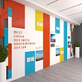 Modern Front Desk Background Wall With Colorful Panels Company Text Images And Green Potted Plants