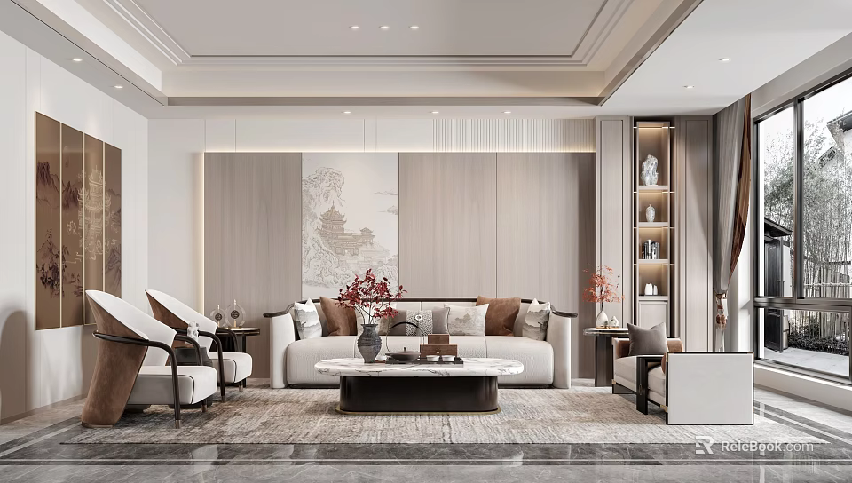 Elegant Modern Living Room Interior With Sofa Coffee Table Decorative Painting And Bookshelf 3d model 