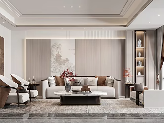 New Chinese-style Living Room Sofa Coffee Table Combination Three-person Sofa Leisure Chair Sofa Stool Coffee Table Side Table Decorative Painting 3d model