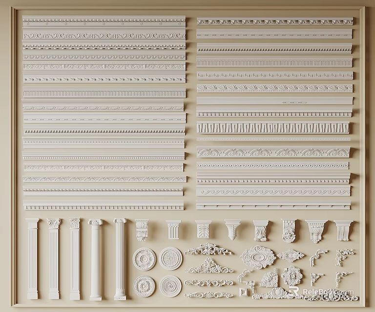 Various Decorative Gypsum Cornice Designs With Carved Patterns Columns And Ornaments 3d model 