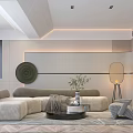 Modern Living Room Interior With Beige Sofa Circular Art Floor Lamp Coffee Table And Plants