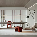 Modern Minimalist Tea Room Interior With Long Table And Red Seating 3d model
