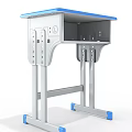 School Student Desk And Chair Set With Wooden Top Blue Frame Grey Legs And Wheels