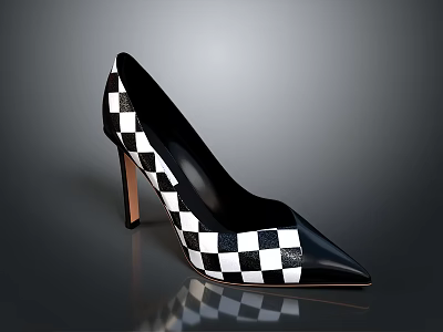 Elegant Black And White Checkered Pointed Toe Stiletto High Heels With Thin Heel Design 3d model