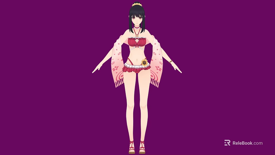 Woman in Red Bikini and Shorts with Pink Fringed Shawl and Headpiece on Purple Background 3d model 