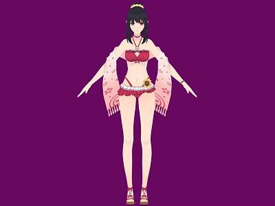 Woman in Red Bikini and Shorts with Pink Fringed Shawl and Headpiece on Purple Background 3d model