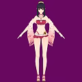 Woman in Red Bikini and Shorts with Pink Fringed Shawl and Headpiece on Purple Background