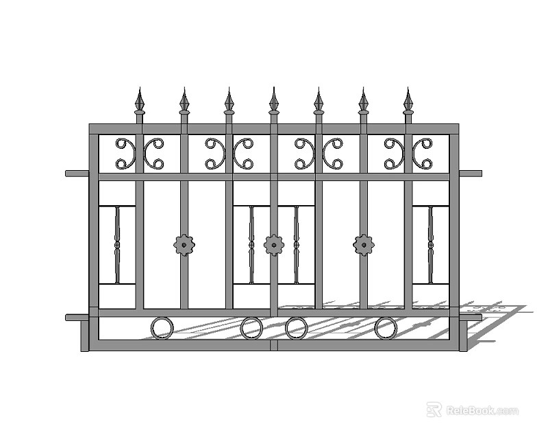 Wrought Iron Entry Gate With Spiked Top And Ornate Decorative Patterns 3d model 