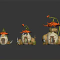 Enchanted Miniature Architecture With Orange Flower Roofs White Brown Frames Small Windows And Doors
