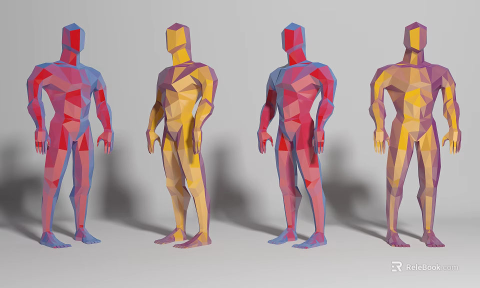 Low Poly Human Models in Red Yellow Blue Standing Poses with Geometric Design 3d model 