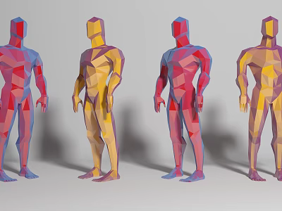 Low Poly Human Models in Red Yellow Blue Standing Poses with Geometric Design 3d model