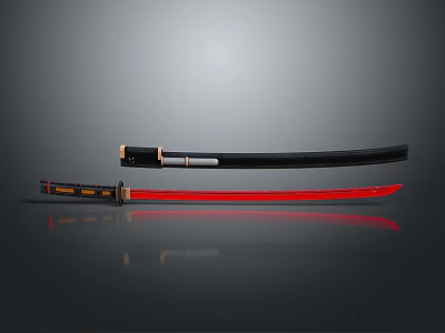 Traditional Japanese Samurai Swords With Black Scabbard Red Blade And Handles 3d model