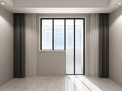 Modern Casement Window With Light Colored Walls Gray Curtains Marble Floor And City View 3d model