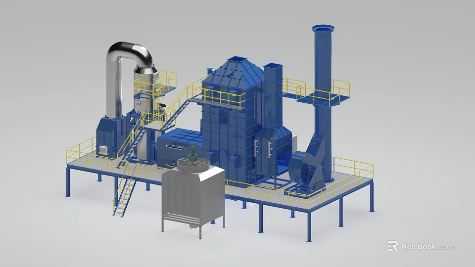Blue Industrial Equipment System With Platforms Stairs Yellow Railings Pipes And Tank 3d model 