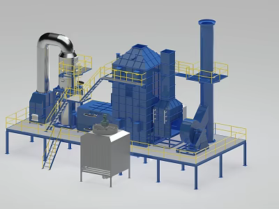 Blue Industrial Equipment System With Platforms Stairs Yellow Railings Pipes And Tank 3d model