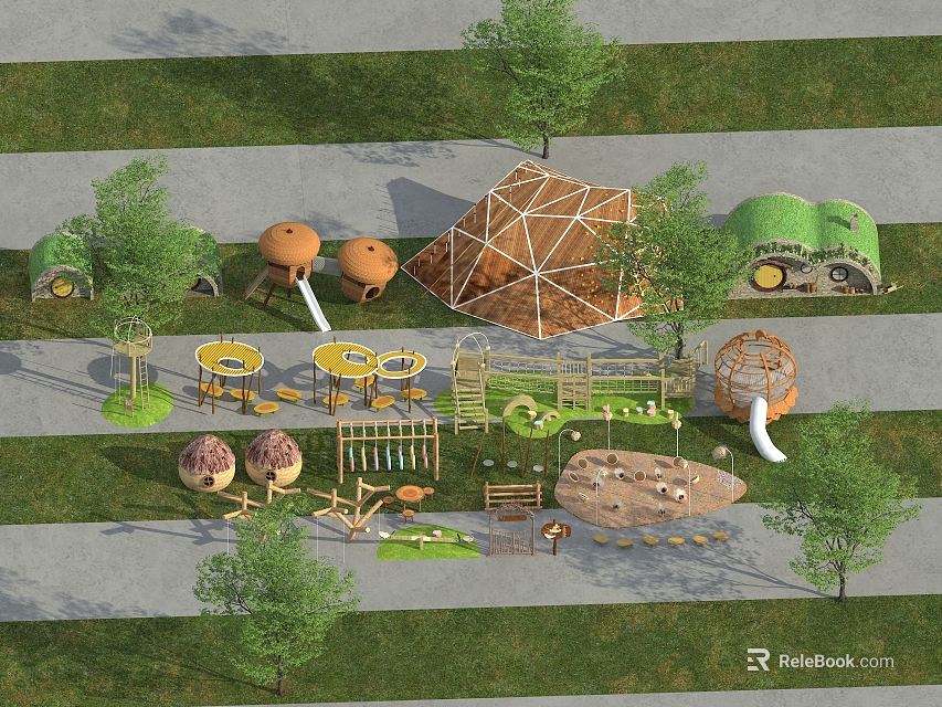 Outdoor Playground Equipment Featuring Climbing Structures Slides Mushroom Shapes And Natural Elements 3d model 