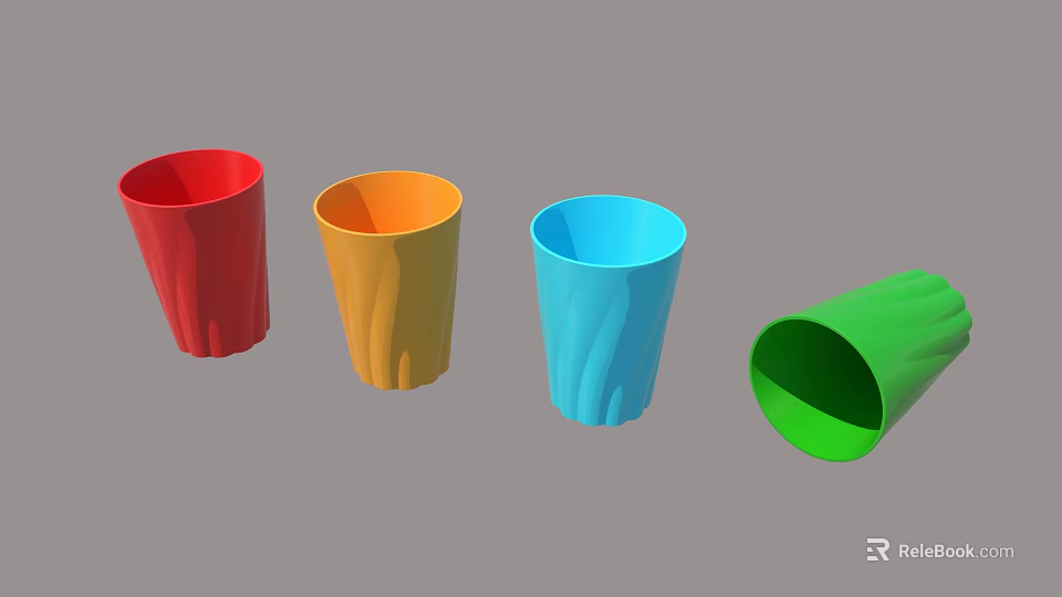 Colorful Plastic Cups With Wavy Texture One Tipped Over Red Orange Blue Green 3d model 