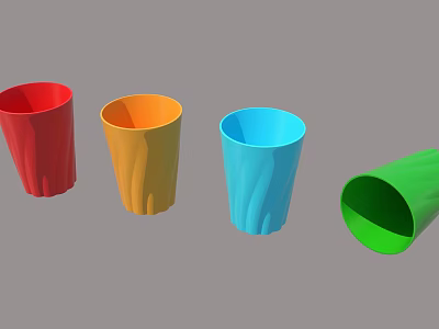 Colorful Plastic Cups With Wavy Texture One Tipped Over Red Orange Blue Green 3d model