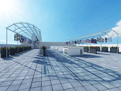 Outdoor Clothes Drying Racks With Hanging Clothes Under Sunny Blue Sky And Stone Paved Ground 3d model