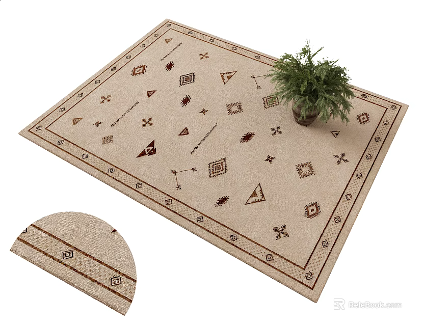 Square Carpet with Geometric Patterns Beige Brown Design and Indoor Plant Decor 3d model