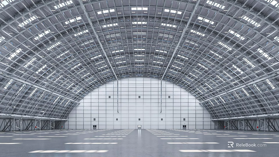 Spacious Modern Industrial Interior With Metal Frame Roof And Glass Window Design 3d model 