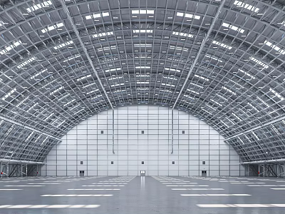 Spacious Modern Industrial Interior With Metal Frame Roof And Glass Window Design 3d model