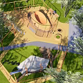Outdoor Kids Playground with Sandpit Climbing Structures Green Lawn and Pathway