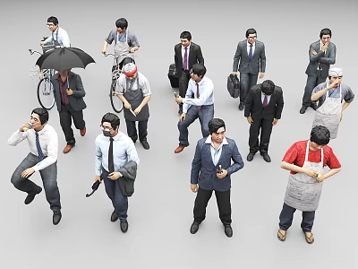 Diverse Group of People in Various Occupations with Business Suits Aprons Bicycling Umbrella and Camera 3d model